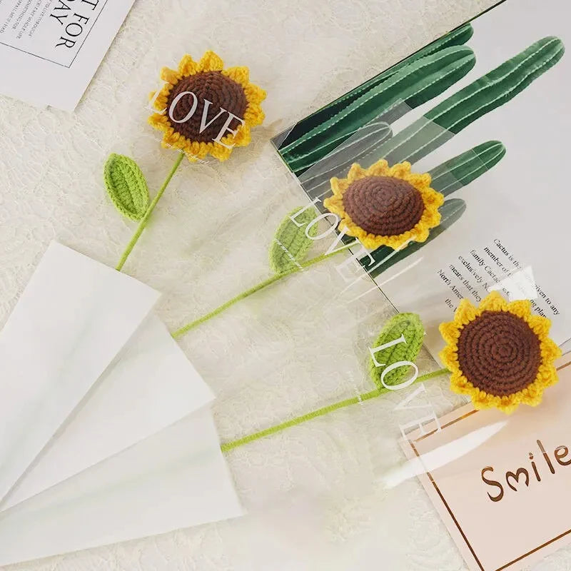 3-Piece Knitted Sunflower Bouquet – Handmade-Style Yarn Flowers for Gifts & Décor