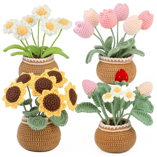 DIY Crochet Flower Plant Pot Kit – Sunflowers Tulips Daisies Designs, Beginners Set