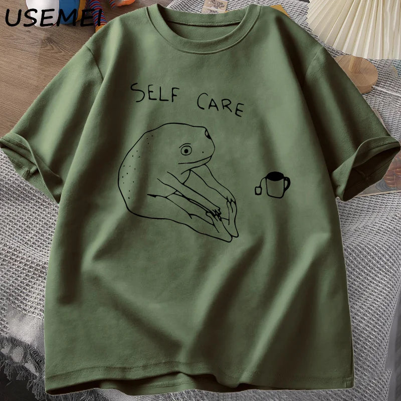 Funny Frog Self-Care T-Shirt Top – Retro Funny Design Tee for Women & Men Unisex