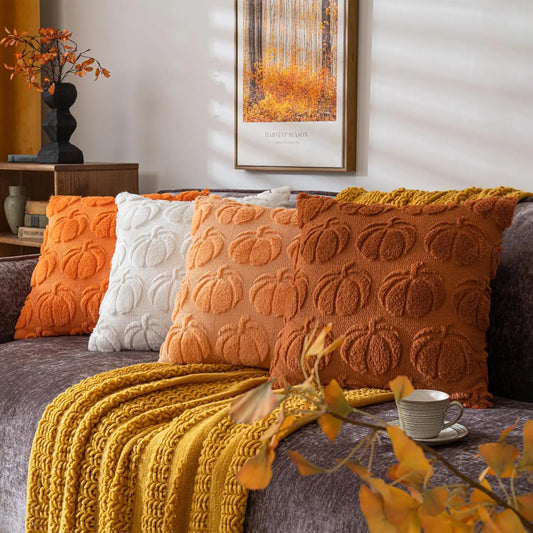 Festive Halloween Throw Pillow Covers 45×45cm – Orange White Brown Pumpkin Soft Plush