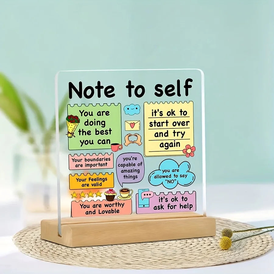 Inspirational Acrylic Quote Plaque Sign Gift with Wooden Base – Positive Affirmation Emotional Support Mental Health Desk Décor