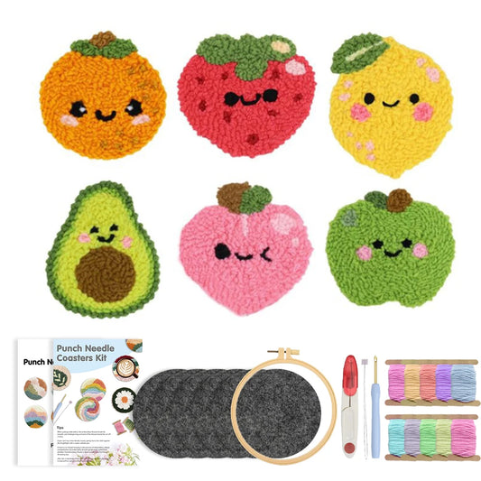 DIY Punch Needle Coaster Kit – Make 6 Fruit Design Coasters - Multiple Design Choice Craft Embroidery