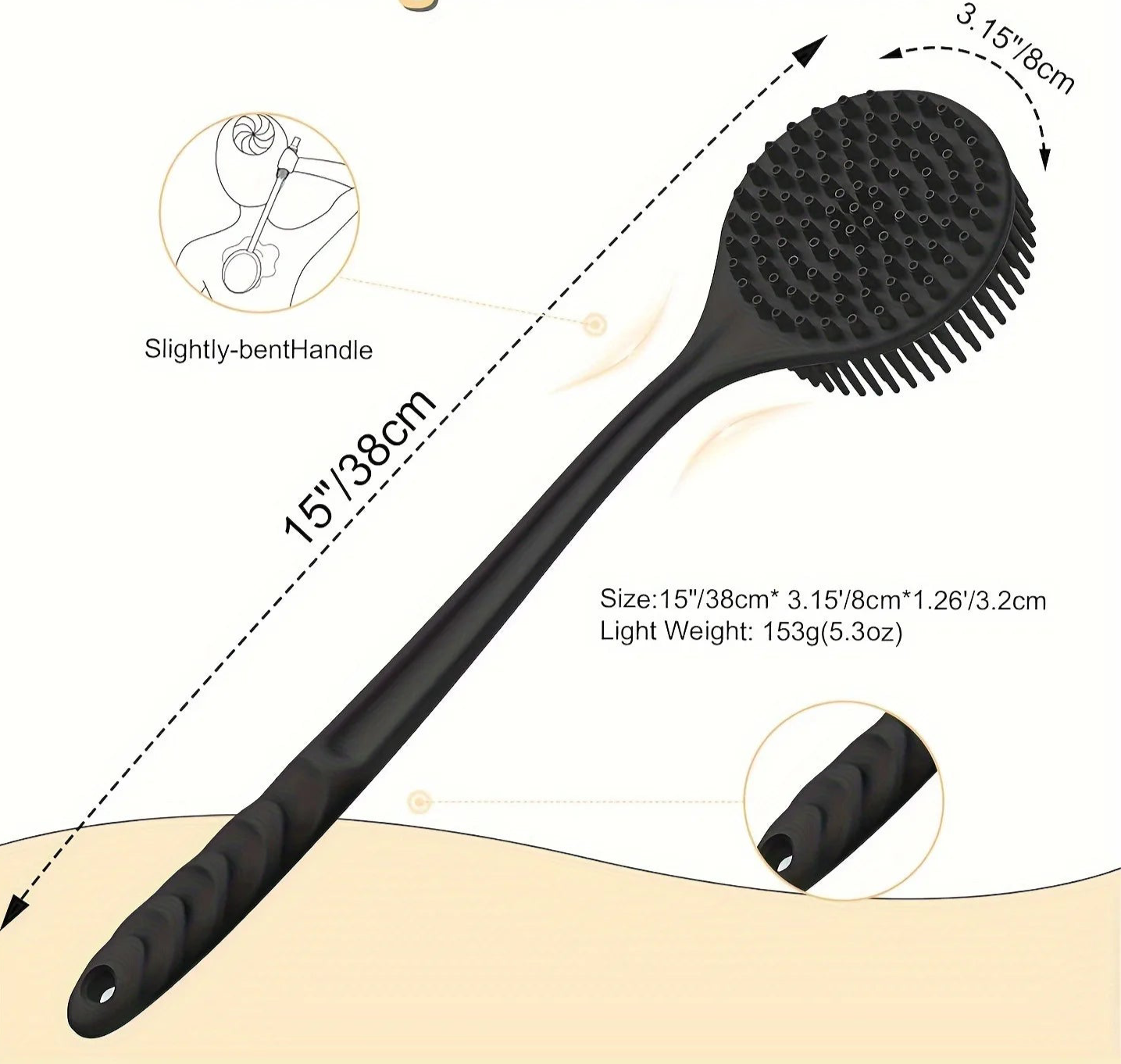 Black Silicone Body Brush – Long-Handle Shower Body Scrubber & Exfoliator