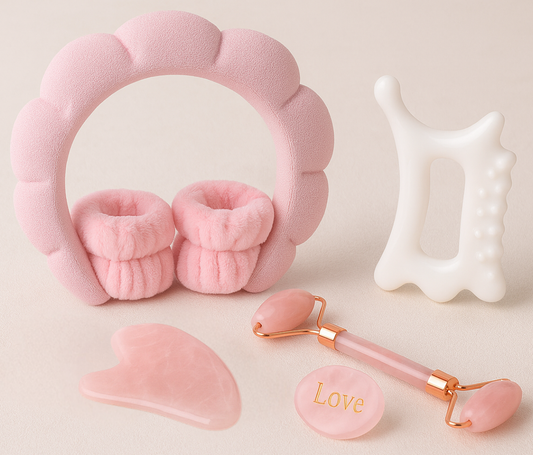 Ultimate Self-Care Gift Bundle – Skincare Headband, Jade Roller, Massage Tool & Worry Stone