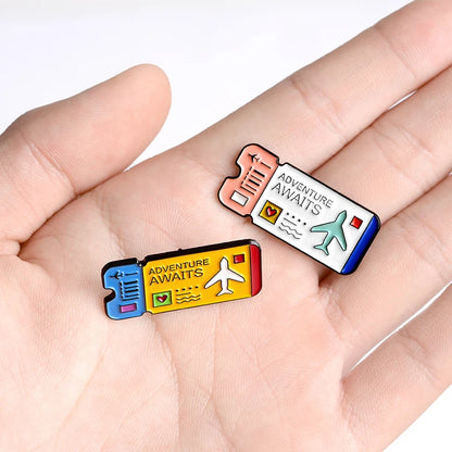 Cartoon Airplane Tickets Adventure Awaits Travel Lovers Enamel Brooch Lapel Pin Badge Novelty Gift
