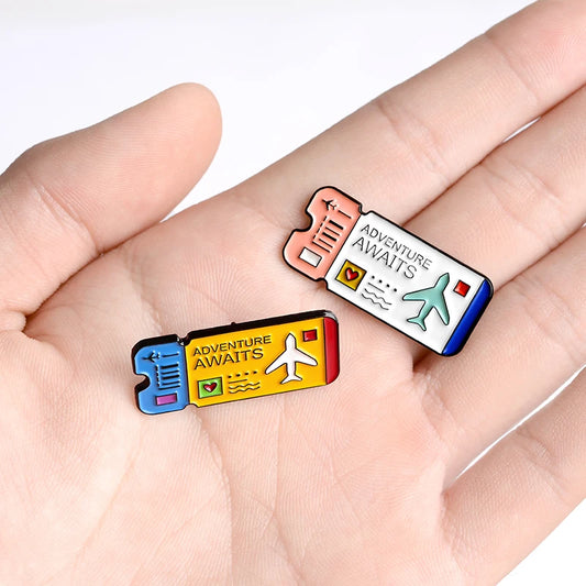 Cartoon Airplane Tickets Adventure Awaits Travel Lovers Enamel Brooch Lapel Pin Badge Novelty Gift