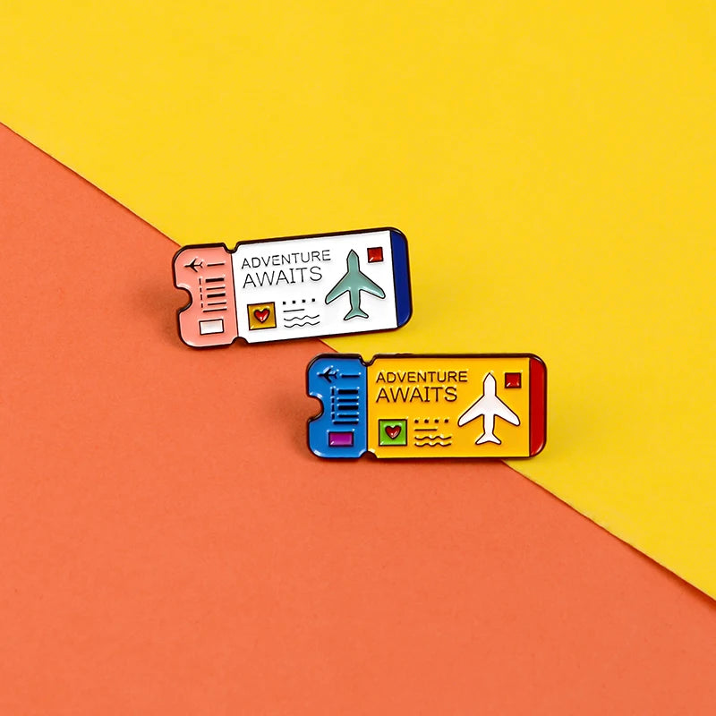 Cartoon Airplane Tickets Adventure Awaits Travel Lovers Enamel Brooch Lapel Pin Badge Novelty Gift