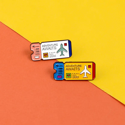 Cartoon Airplane Tickets Adventure Awaits Travel Lovers Enamel Brooch Lapel Pin Badge Novelty Gift