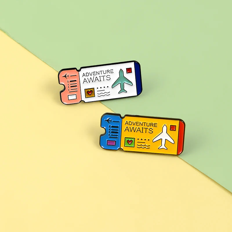 Cartoon Airplane Tickets Adventure Awaits Travel Lovers Enamel Brooch Lapel Pin Badge Novelty Gift