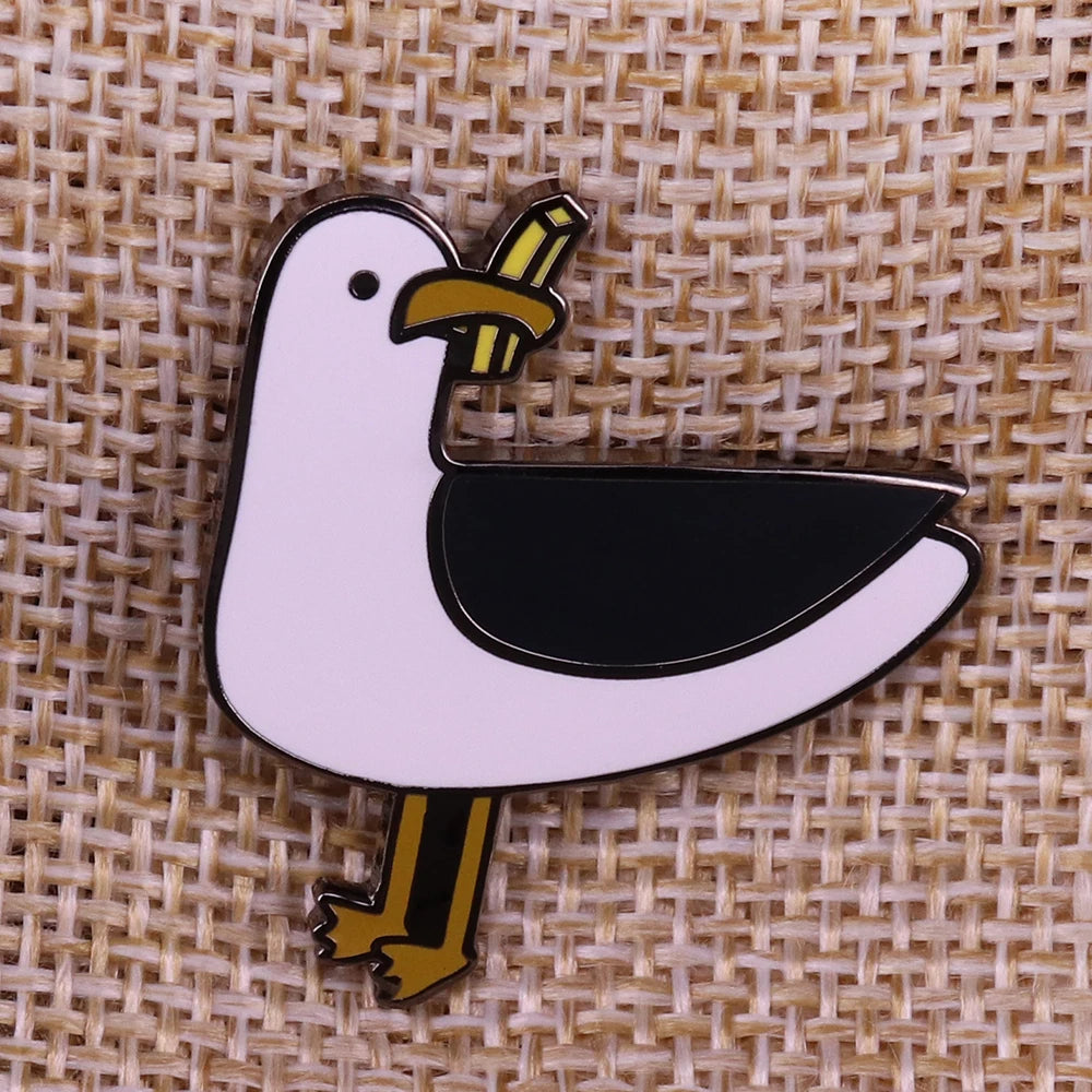 Seagull with Fries Enamel Pin Badge Seaside Coastal Beach Sea Bird Coastline