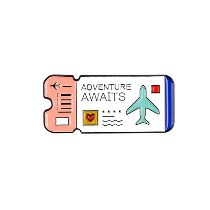 Cartoon Airplane Tickets Adventure Awaits Travel Lovers Enamel Brooch Lapel Pin Badge Novelty Gift
