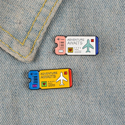 Cartoon Airplane Tickets Adventure Awaits Travel Lovers Enamel Brooch Lapel Pin Badge Novelty Gift