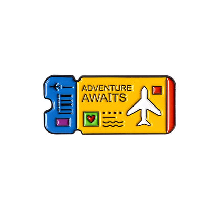 Cartoon Airplane Tickets Adventure Awaits Travel Lovers Enamel Brooch Lapel Pin Badge Novelty Gift
