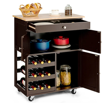 Rolling Kitchen Trolley Cart with Storage Cabinet & Wine Rack – 3-Tier Island on Wheels with Drawer