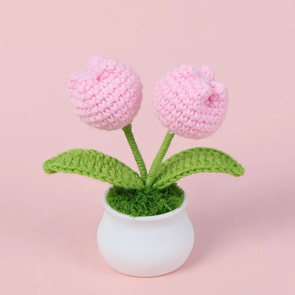 Crochet Knitted Artificial Flower Plant in Pot - Hand Woven Potted Desk Desktop Home Decor Gift Ornament