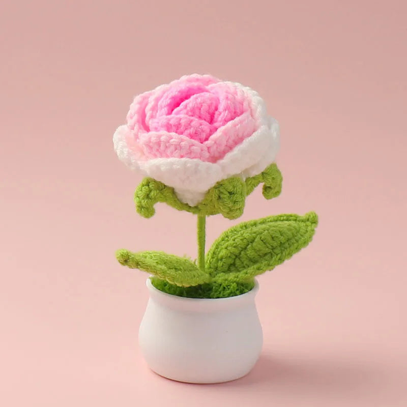 Crochet Knitted Artificial Flower Plant in Pot - Hand Woven Potted Desk Desktop Home Decor Gift Ornament