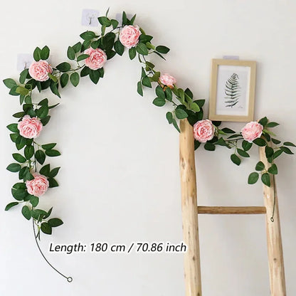 Silk Peony Garland – Pink Artificial Hanging Peonies Flower Vine for Home, Wedding & Party Décor