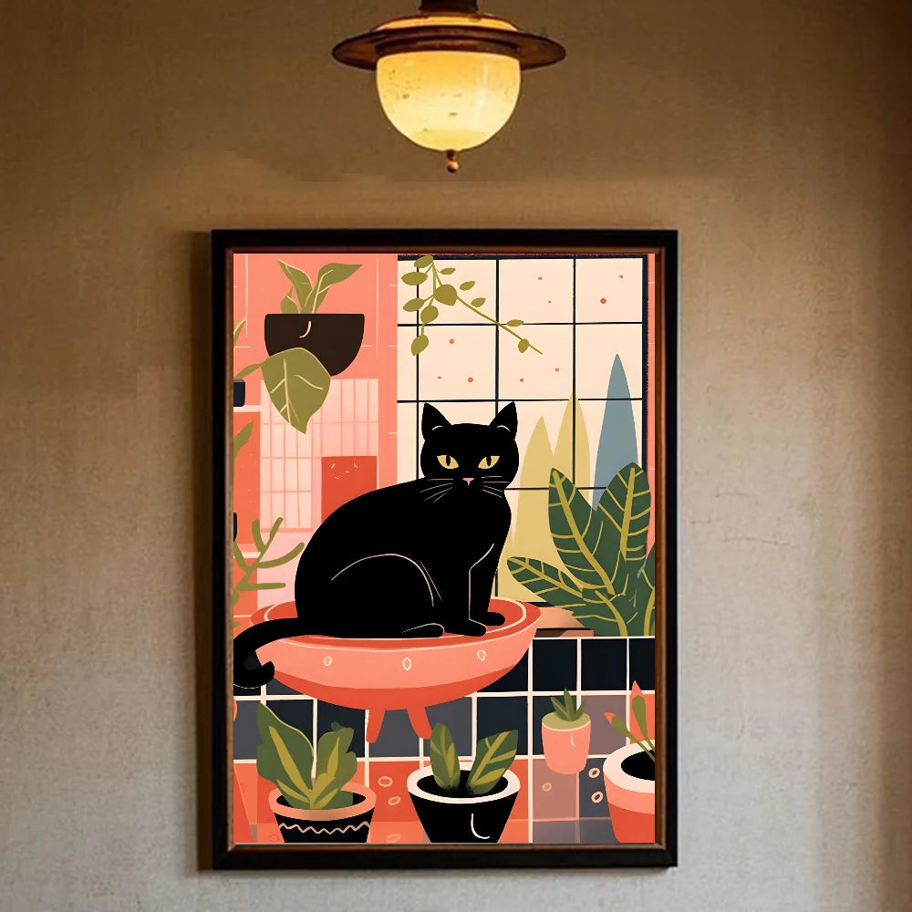 Funny Cute Black Cat Self Adhesive Posters – Retro Animal Wall Art Decoration Home Décor