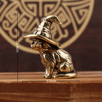 Mini Brass Copper Metal Sorcerer Cat Figurine – Desk Buddy Ornament Collectible