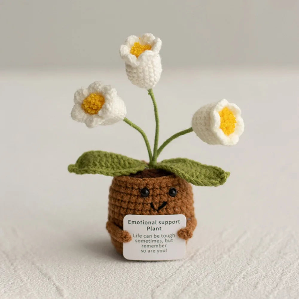 Crochet Knitted Flower Plant Pot - Desktop Emotional Support Gift Positivity Words of Encouragement Ornament - Perfect Gift
