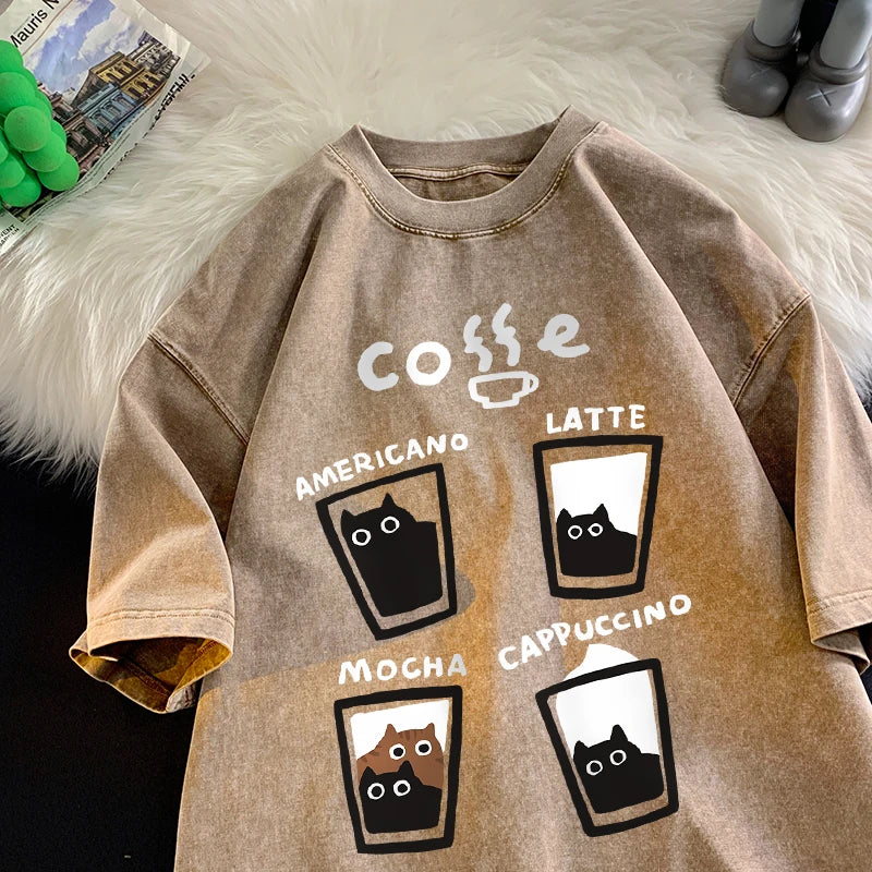 Cat Coffee T-Shirt – Cute Mocha Latte Graphic Tee for Men & Women | Summer Loose Fit Cotton