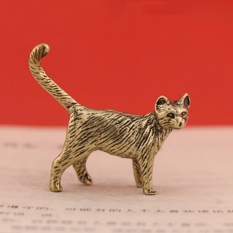 Mini Brass Copper Metal Cat Figurine – Desk Buddy Ornament Collectible