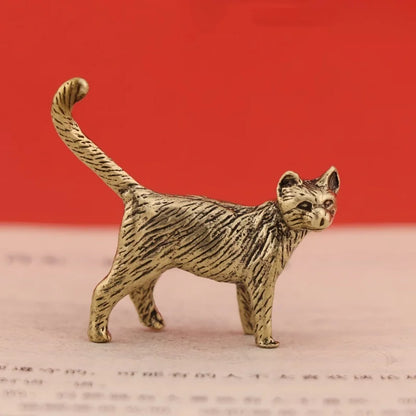 Mini Brass Copper Metal Cat Figurine – Desk Buddy Ornament Collectible