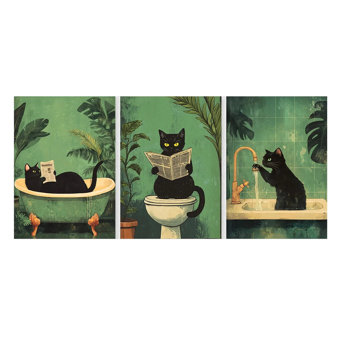 Funny Black Cat Bathroom Poster Set – Retro Canvas Animal Wall Art for Bathroom or Home Décor
