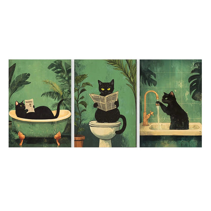 Funny Black Cat Bathroom Poster Set – Retro Canvas Animal Wall Art for Bathroom or Home Décor