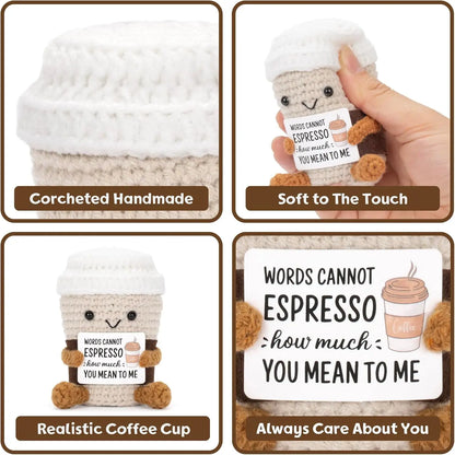 Crochet Knitted Coffee Cup - Emotional Support Coffee Plush Funny Handmade-Style Gift with Message Card