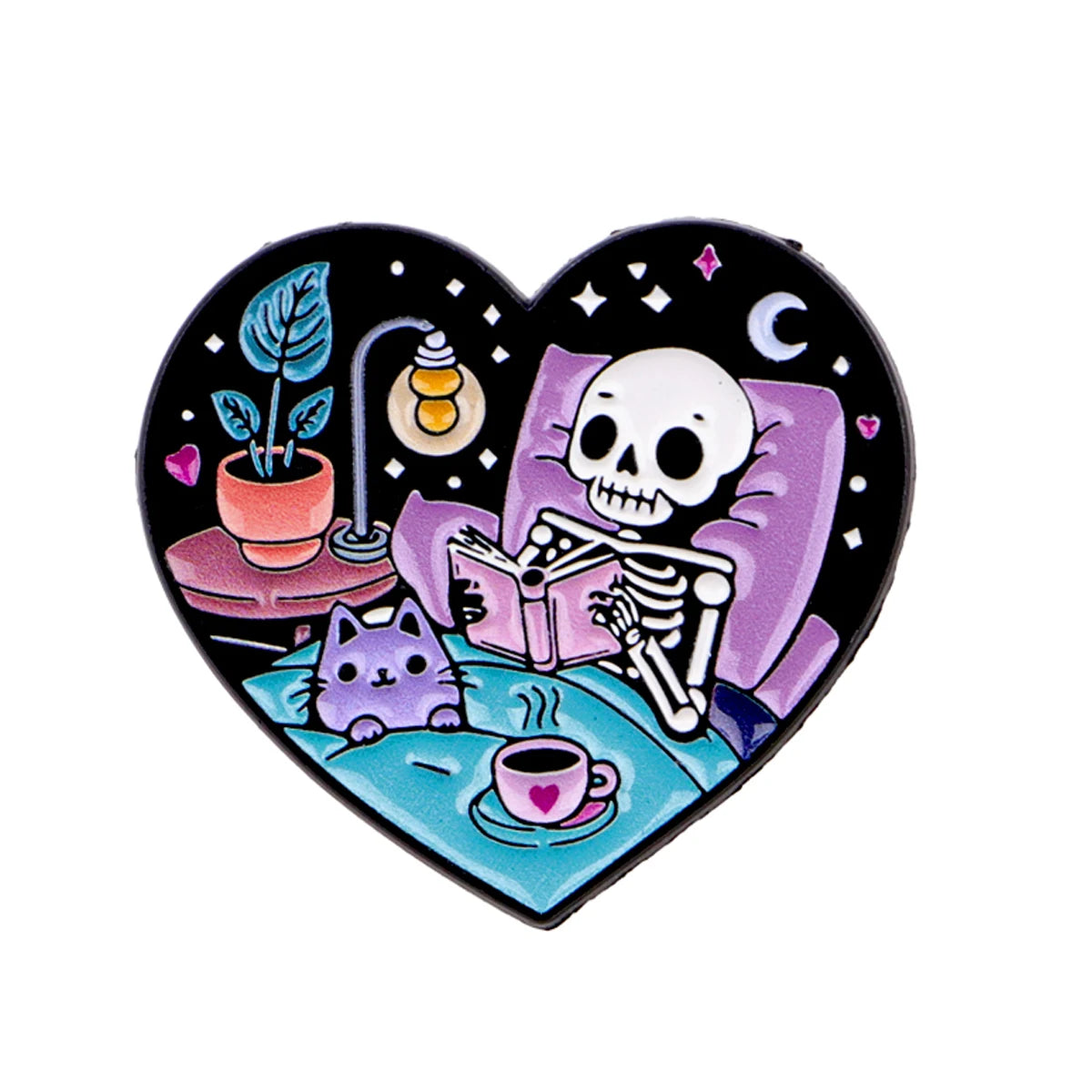 Skeleton and Cat Reading Cute Enamel Pin Badge Brooch Lapel Backpack Clothing Accessories Book Lover