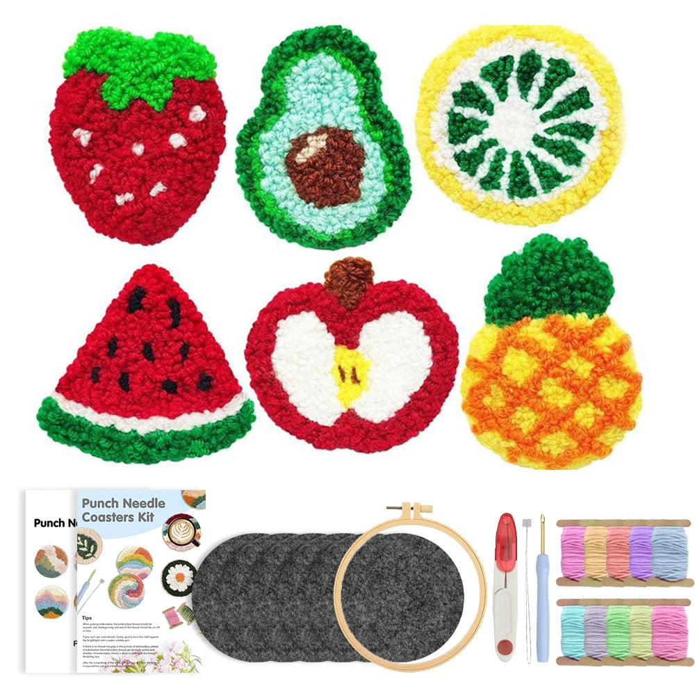 DIY Punch Needle Coaster Kit – Make 6 Fruit Design Coasters - Multiple Design Choice Craft Embroidery