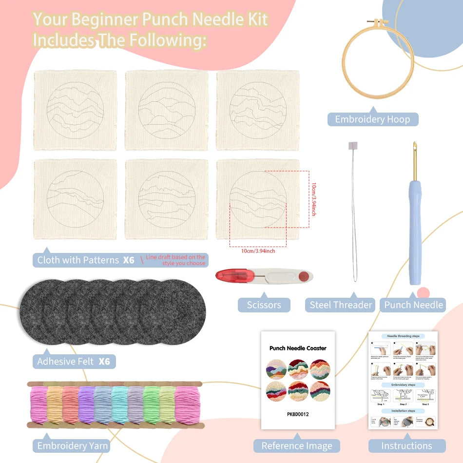DIY Punch Needle Coaster Set Kits – Make 6 Fruit Design Coasters Multiple Design Choice Craft Embroidery