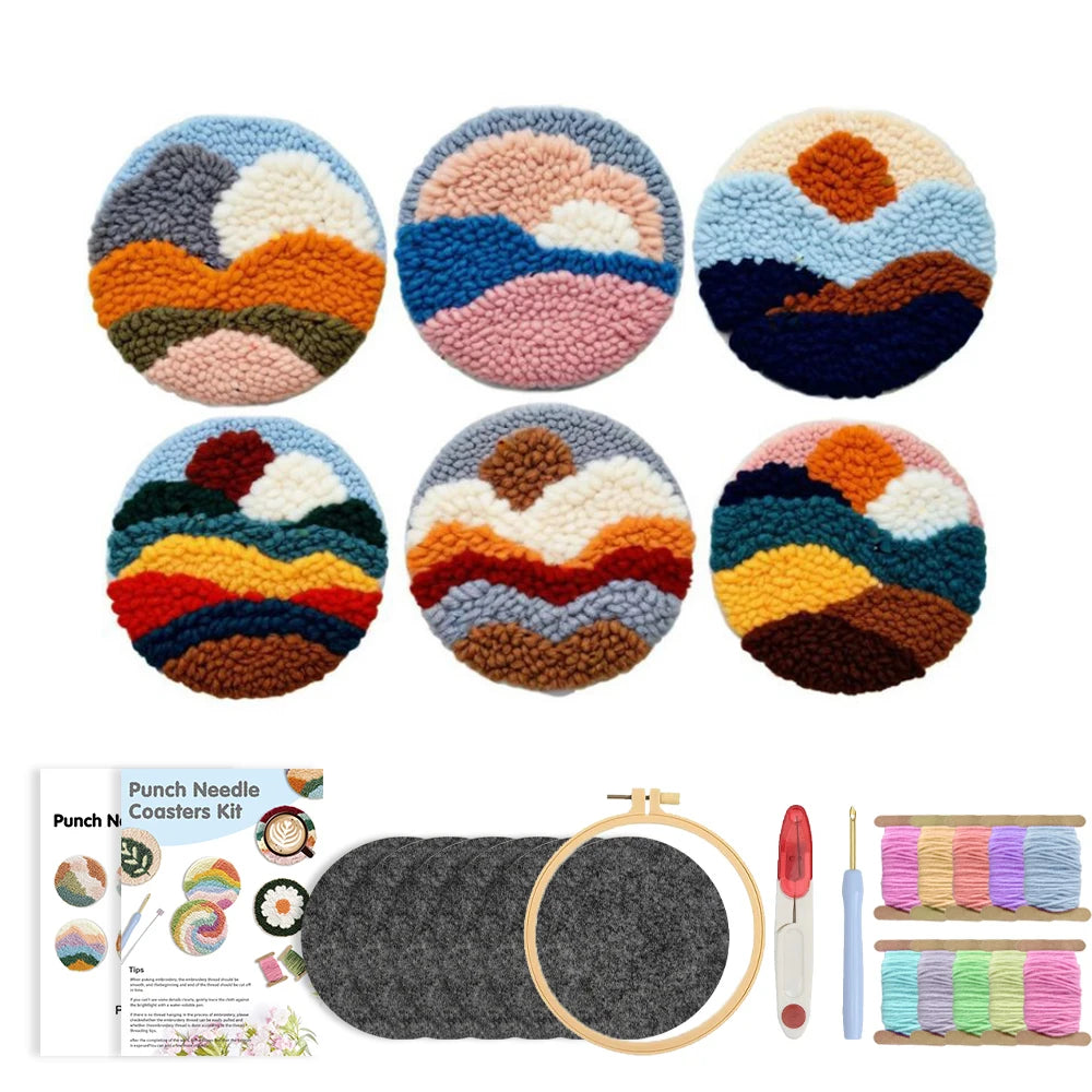 DIY Punch Needle Coaster Set Kit – Make 6 Scenery Landscape Design Coasters Multiple Design Choice Craft Embroidery