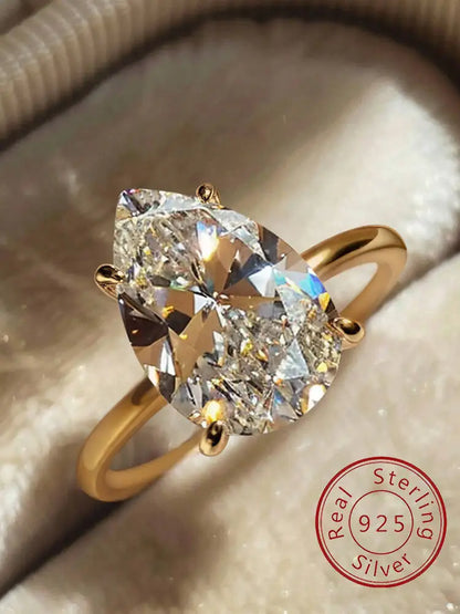 925 Sterling Silver / Golden Ring with Pear Shape Zircon Gemstone – Womens Elegant Engagement Wedding Promise Band