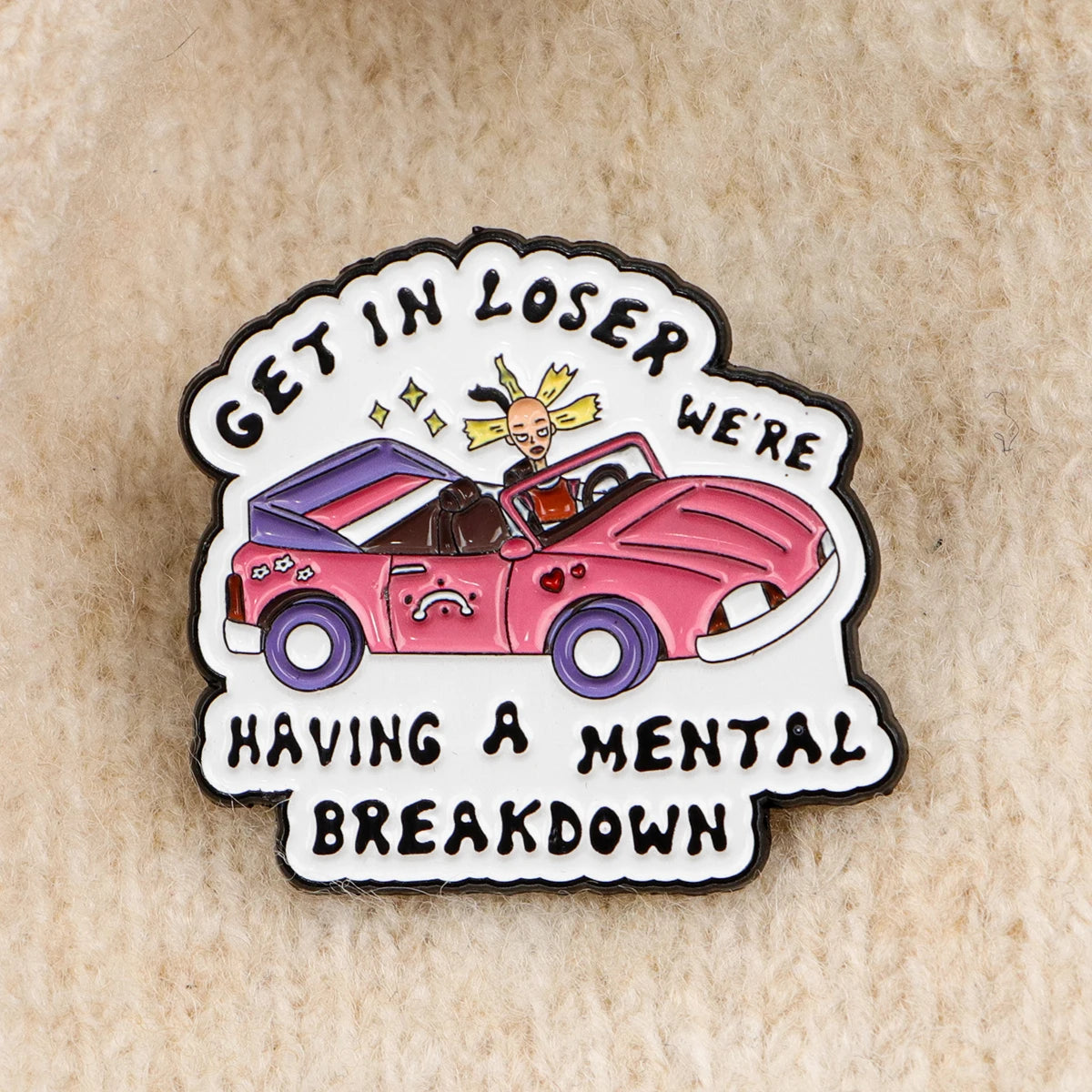 Cartoon Doll in Pink Car Enamel Pin Badge Mental Breakdown Backpack Brooch Hat Collar Lapel