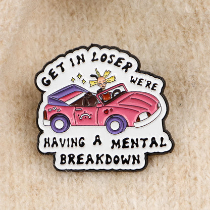 Cartoon Doll in Pink Car Enamel Pin Badge Mental Breakdown Backpack Brooch Hat Collar Lapel