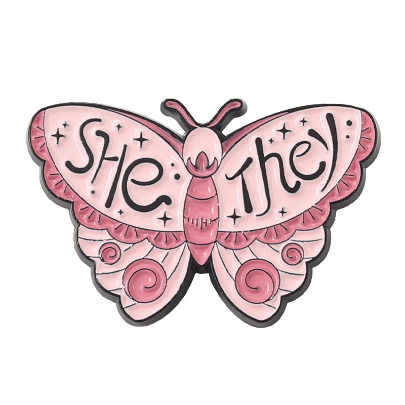 Butterfly Moth Pronouns Enamel Pin Badge SHE HER HE HIM THEY THEM Brooches