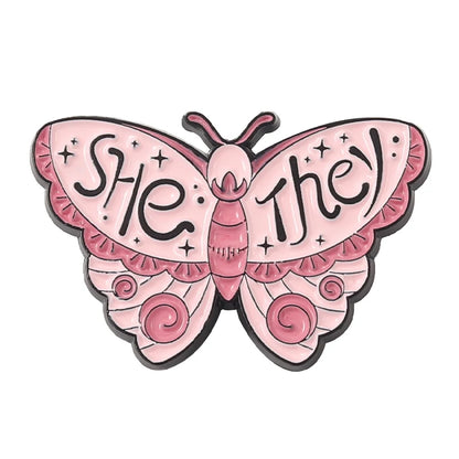 Butterfly Moth Pronouns Enamel Pin Badge SHE HER HE HIM THEY THEM Brooches