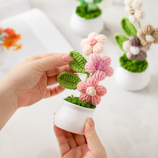 Crochet Knitted Artificial Flower Plant in Pot - Hand Woven Potted Desk Desktop Home Decor Gift Ornament