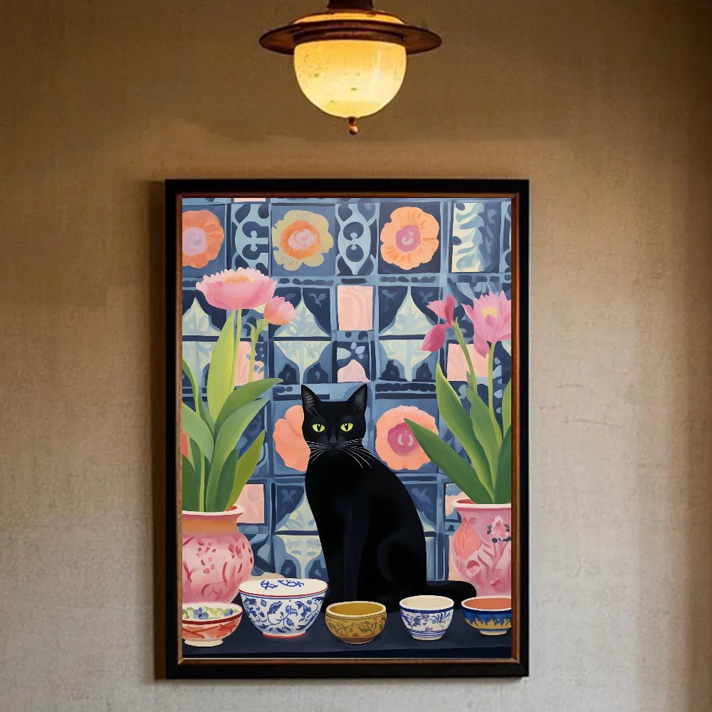 Funny Cute Black Cat Self Adhesive Posters – Retro Animal Wall Art Decoration Home Décor