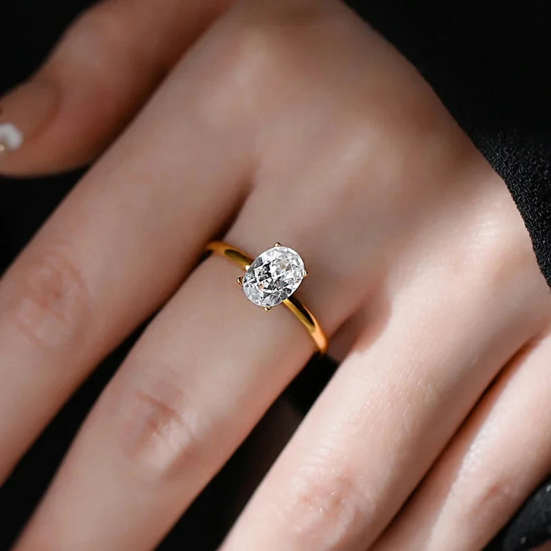 925 Sterling Silver / Golden Ring with Oval Zircon Gemstone – Womens Elegant Engagement Wedding Promise Band