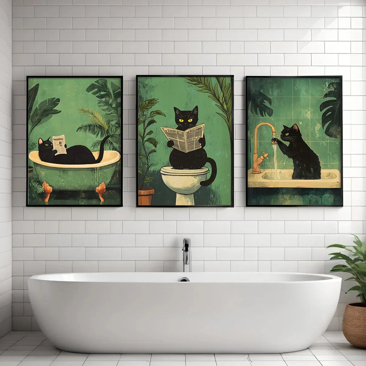 Funny Black Cat Bathroom Poster Set – Retro Canvas Animal Wall Art for Bathroom or Home Décor