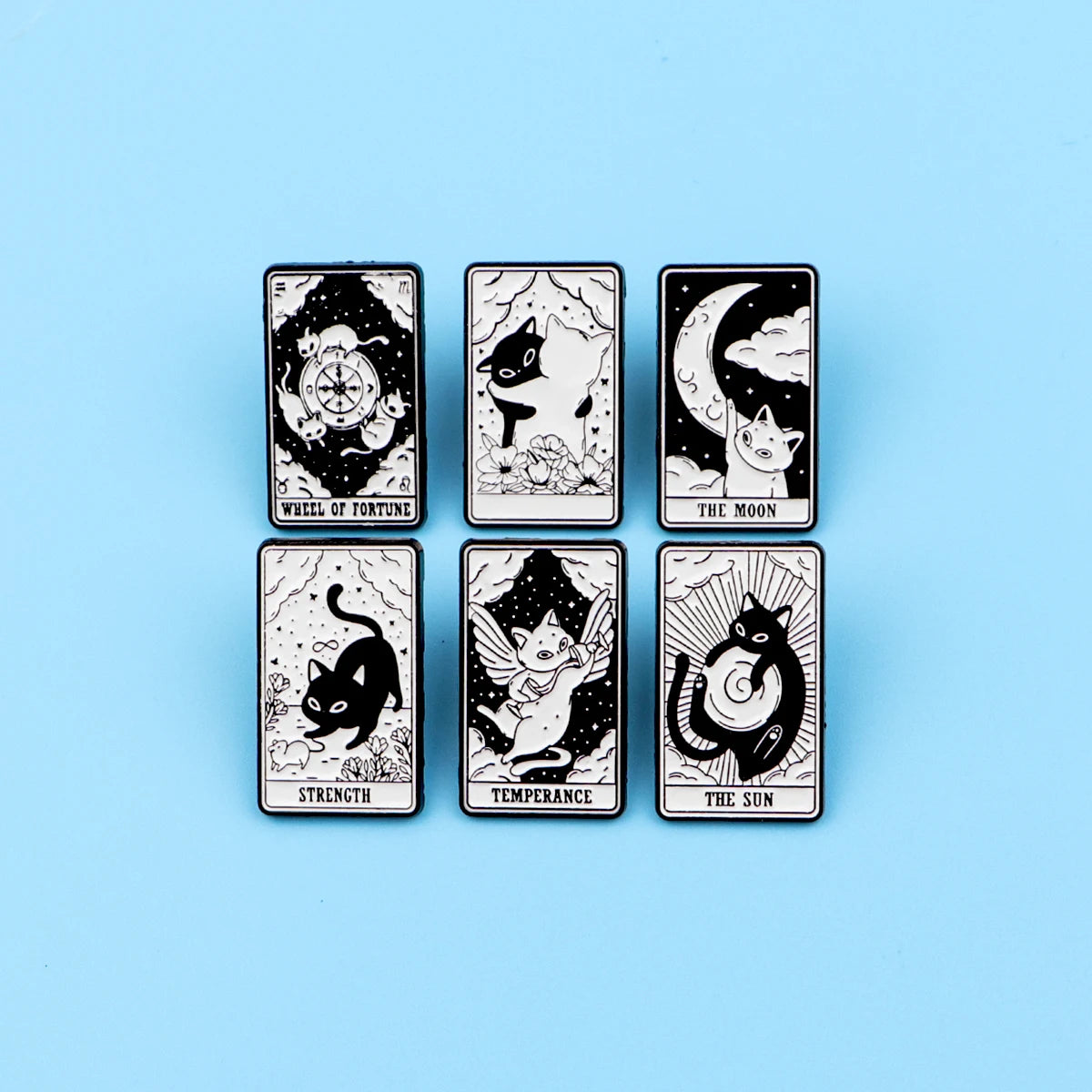 Mystic Black White Cats Tarot Card Design Enamel Pin Badges Moon Sun Strength Fortune Cat