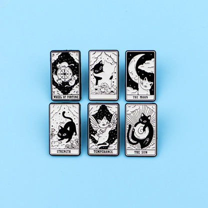 Mystic Black White Cats Tarot Card Design Enamel Pin Badges Moon Sun Strength Fortune Cat