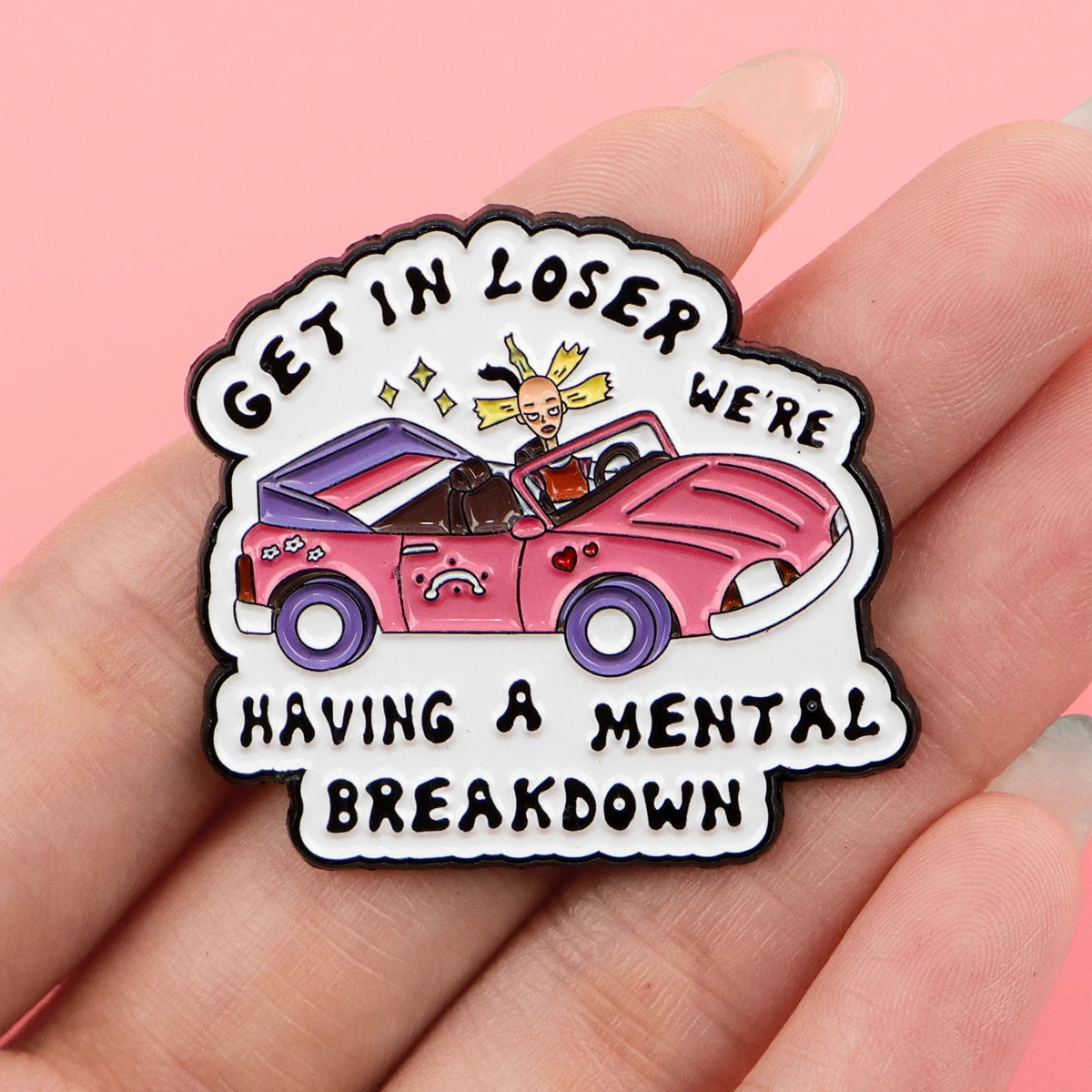Cartoon Doll in Pink Car Enamel Pin Badge Mental Breakdown Backpack Brooch Hat Collar Lapel