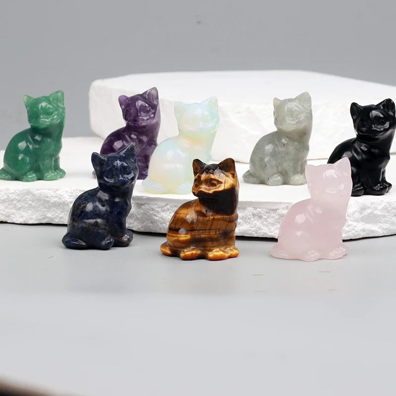 Crystal Cat Figurines – Hand-Carved Natural Stone Animal Cats Figures for Chakra Energy Healing & Home Décor