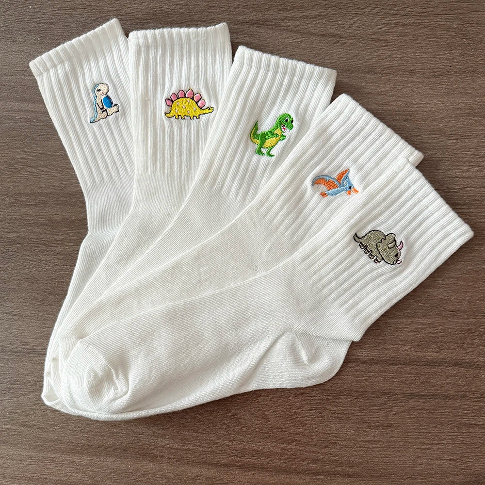 5 Pairs Women’s Dinosaur Crew Socks – Cute Embroidered Cartoon Dino Animal Sock Set