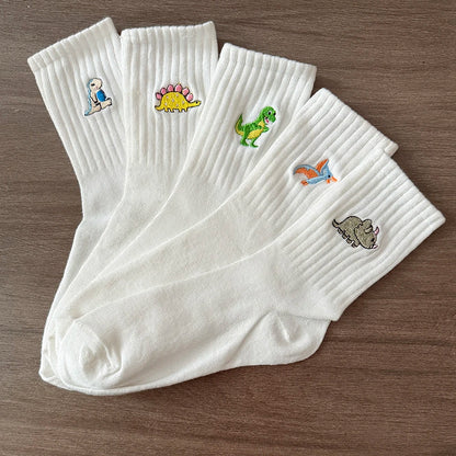 5 Pairs Women’s Dinosaur Crew Socks – Cute Embroidered Cartoon Dino Animal Sock Set
