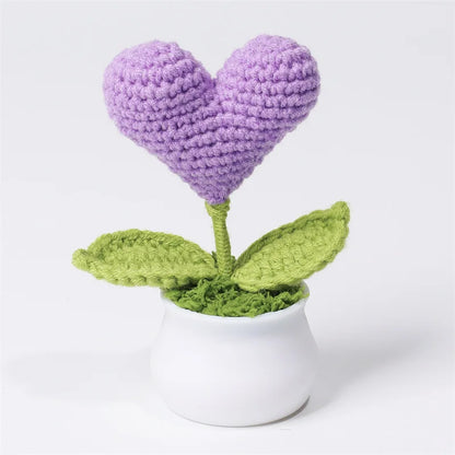 Crochet Knitted Artificial Flower Plant in Pot - Hand Woven Potted Desk Desktop Home Decor Gift Ornament